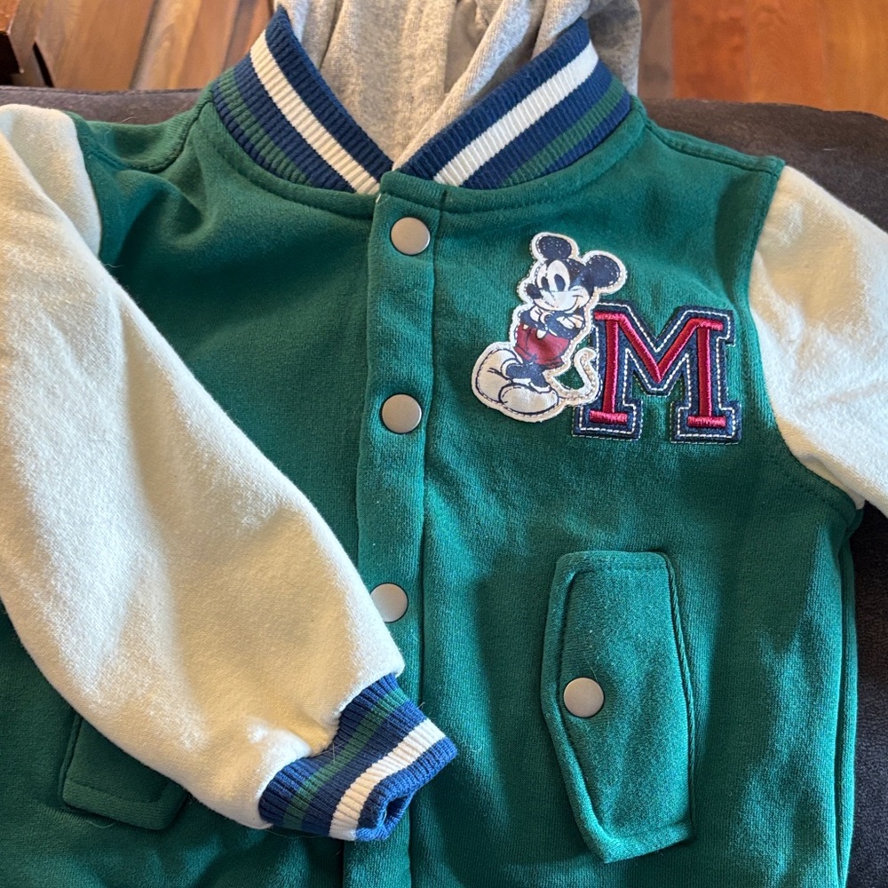Disney Green and White Varsity Jacket with Mickey Patch and Hood